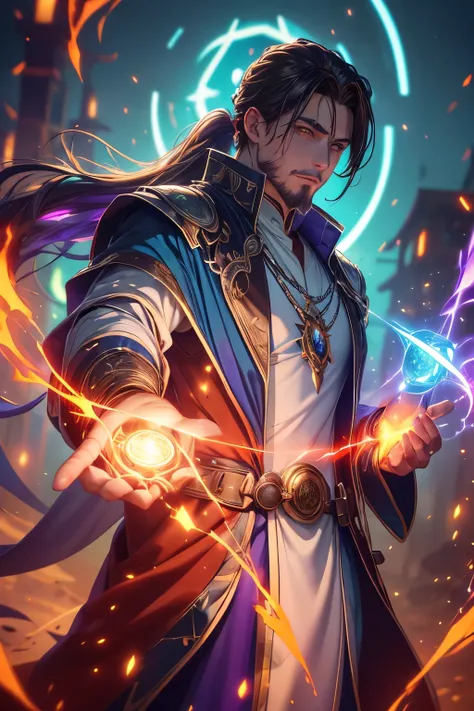 Gavin Guile ((long hair, roguish smile, short goatee)) is a muscular man with broad shoulders, yet still slender and in excellent physical condition. His hair is the color of burnished copper, medium, a striking reddish-brown hue, tied in a loose ponytail....