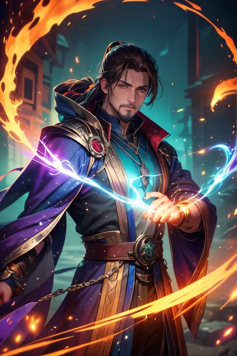 Gavin Guile ((long hair, roguish smile, short goatee)) is a muscular man with broad shoulders, yet still slender and in excellent physical condition. His hair is the color of burnished copper, medium, a striking reddish-brown hue, tied in a loose ponytail....