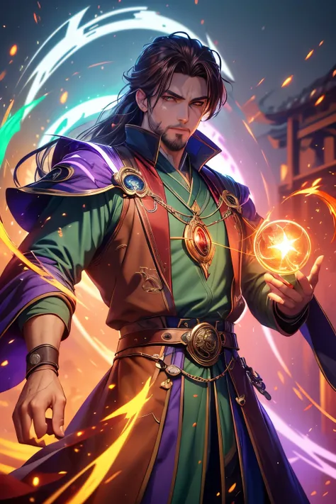 Gavin Guile ((long hair, roguish smile, short goatee)) is a muscular man with broad shoulders, yet still slender and in excellent physical condition. His hair is the color of burnished copper, medium, a striking reddish-brown hue, tied in a loose ponytail....