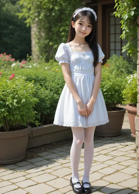 (1 cute young girl)、maids,Look at the audience,(skinny:1.5),(younger:1.5),(toddler wearing top_body:1.4),(braids:0.3),(Bang Hair:0.3),(Twin Tails:0.3),(ponytail:0.3),(long hair:0.3),(BIG BREASTS:0.92),slouching forward,slouches forward,Japanese,(smile:0.74...
