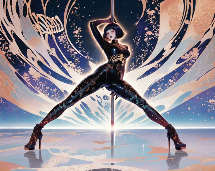 tall gothic woman, pale skin, sleek black bob haircut, wearing a tight, form-fitting skeleton bodysuit with detailed bone patterns, high heels, bold dark makeup, smoky eyes, black lipstick, confident and alluring expression, dynamic pole dance pose showing...