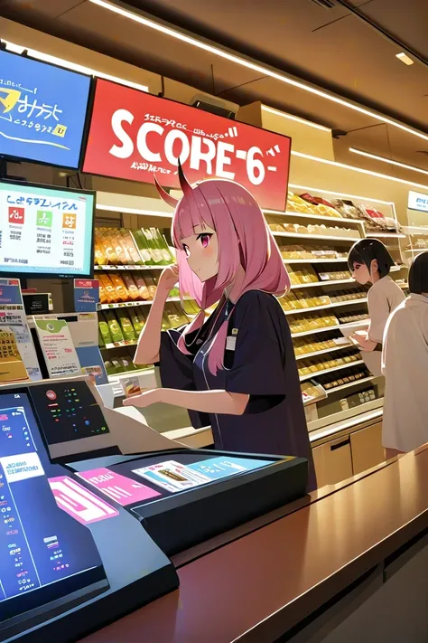 score_9_up,score_8_up,score_7_up,score_6_up,score_5_up,score_4_up,1 girl,(((Oni girl))),horn,pekomama,standing, famima, scenery, indoors, japan, shop, cashier, monitor,customers of Oni  background ,at night ,upper body,looking at viewer,character focus,