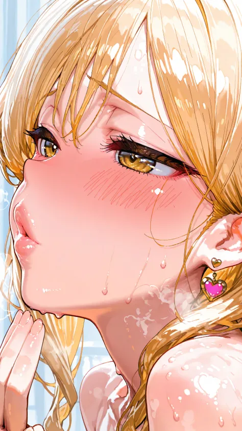 1girl, small girl, close-up, small breast, beautiful lips, lipgloss, Thick_lips, puckered lips, blond hair, long hair, rich hair, wavy hair, blush, bow, heart earrings, kiss gesture, heavy breathing, sweat,steam, from side, nude、
