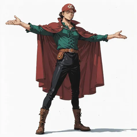 (male), (adult man), (slim body), (short spiky black hair), (black eyes), (red baseball cap), (solo), (single character), (full body), (standing pose), (white background), (no background), (highly detailed), (shadow), (detailed outfit), (detailed hands), (...