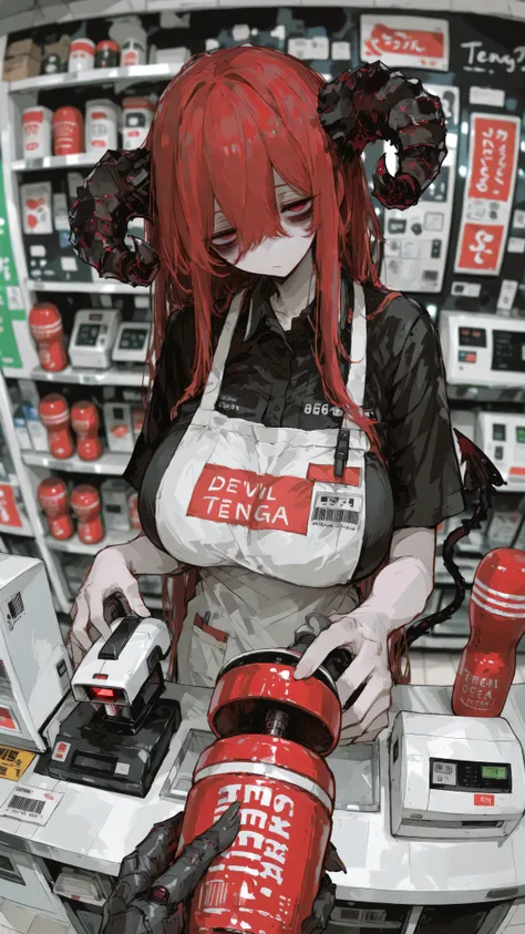(masterpiece), (Highest Quality),(detail background), (very beautiful), 8k, 32K, high resolution,
(perspective:1.2)(blurry background:1.4),POV,Devil's hand.
convenience store,store clerk,counter, cash register,barcode scanner,holding barcode scanner,
gir...