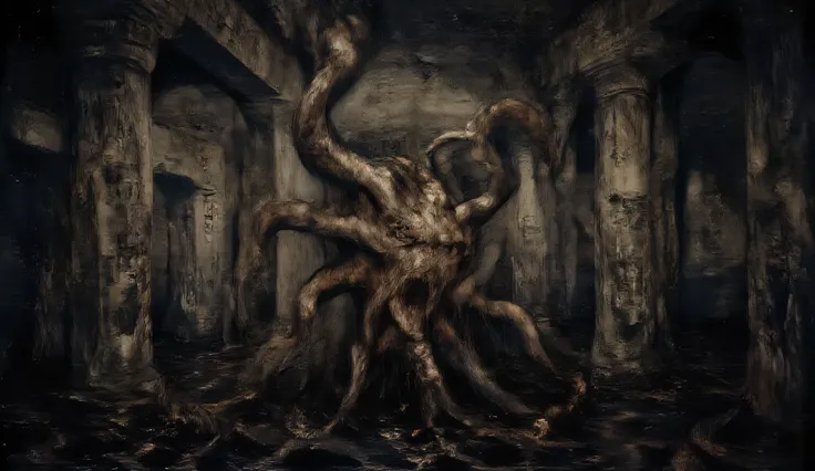 Eldritch horror manifesting as a pulsating mass of flesh-like tentacles bursting through the floor of a subterranean temple, carved stone pillars with otherworldly symbols, pools of black liquid reflecting impossible colors, mist curling around broken alta...