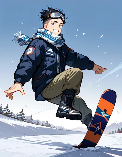 underside view, (dynamic jumping snowboard giant slalom trick pose), looking atviewer,ski resort, slalom, snow goggles,knit scarf,flashy winter snowboarder's clothing and winter cargo pants,snowboard boots, complex structure, sliding,man,grin,40years old,p...