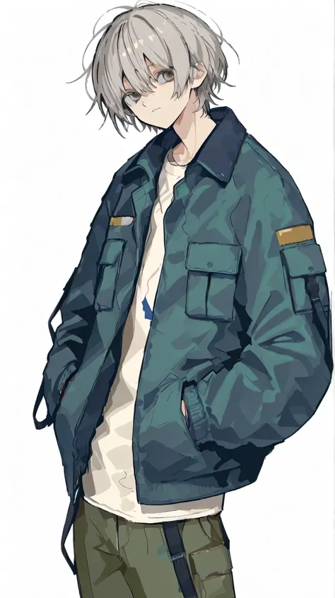 detailed,super fine illustration,748cmstyle,1boy,looking at viewer,standing,short hair,messy hair,grey hair,cowboy shot,white background,short jacket,open jacket,cargo pants,standing,both hands in pockets