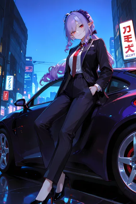 vivian (zenless zone zero), red eyes, mole, mole under eye, purple hair, very long hair, drill hair, ponytail, ahoge, pointy ears, two-tone hairband, black hairband, purple hairband, purple hair bow, black nails, fingernails, nail polish. Confident smile, ...