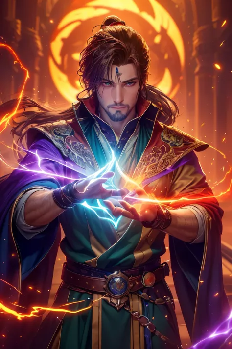 Gavin Guile ((long hair, roguish smile, short goatee)) is a muscular man with broad shoulders, yet still slender and in excellent physical condition. His hair is the color of burnished copper, medium, a striking reddish-brown hue, tied in a loose ponytail....