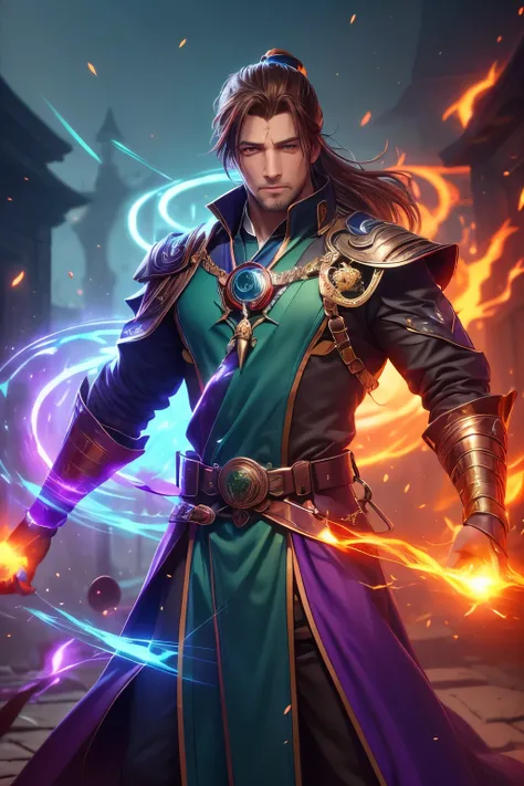 Gavin Guile ((long hair, roguish smile, short goatee)) is a muscular man with broad shoulders, yet still slender and in excellent physical condition. His hair is the color of burnished copper, medium, a striking reddish-brown hue, tied in a loose ponytail....