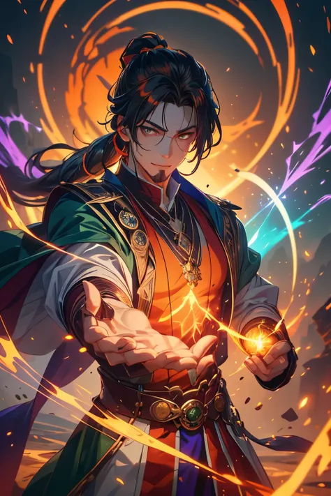 Gavin Guile ((long hair, roguish smile, short goatee)) is a muscular man with broad shoulders, yet still slender and in excellent physical condition. His hair is the color of burnished copper, medium, a striking reddish-brown hue, tied in a loose ponytail....