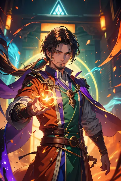 Gavin Guile ((long hair, roguish smile, short goatee)) is a muscular man with broad shoulders, yet still slender and in excellent physical condition. His hair is the color of burnished copper, medium, a striking reddish-brown hue, tied in a loose ponytail....