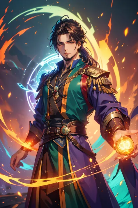 Gavin Guile ((long hair, roguish smile, short goatee)) is a muscular man with broad shoulders, yet still slender and in excellent physical condition. His hair is the color of burnished copper, medium, a striking reddish-brown hue, tied in a loose ponytail....