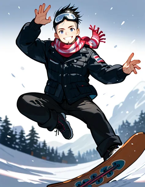 undersideview, (dynamic jumping snowboarder on board, ready to ride pose), looking at viewer,man,grin,40years old,(portrait),(The face of an old man with dignity),man's eyes,man's nose,man's mouth,(black short spiked hair),forehead,sidecut,undercut,beard,m...