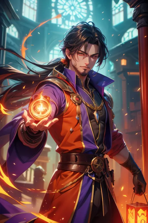 Gavin Guile ((long hair, roguish smile, short goatee, 30 years old)) is a muscular man with broad shoulders, yet still slender and in excellent physical condition. His hair is the color of burnished copper, medium, a striking reddish-brown hue, tied in a l...