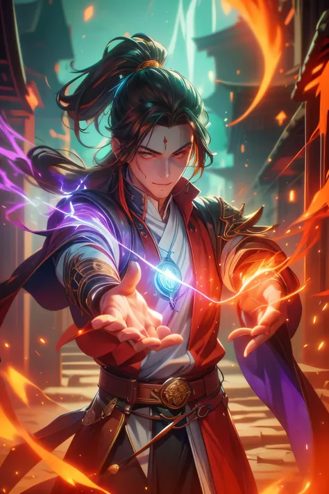 Gavin Guile ((long hair, roguish smile, short goatee, 30 years old)) is a muscular man with broad shoulders, yet still slender and in excellent physical condition. His hair is the color of burnished copper, medium, a striking reddish-brown hue, tied in a l...