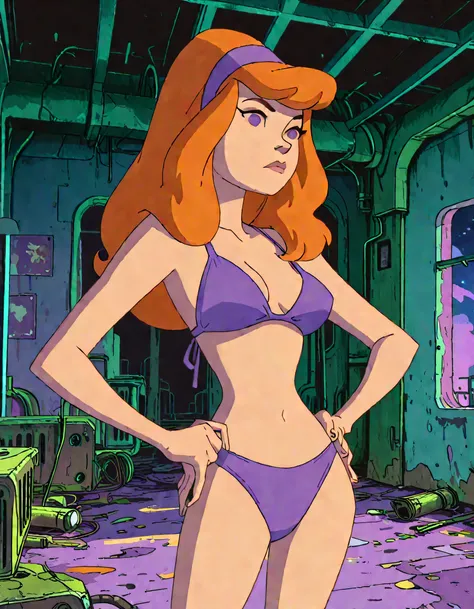 masterpiece masterpiece, ultra-HD, impressionism, high detail, best quality, very aesthetic, 8k, best quality, beautiful, tmchng , anime coloring , 1girl, Daphne Blake (Scooby Doo Mystery Incorporated) , long hair, hairband, orange hair, purple bikini , pu...