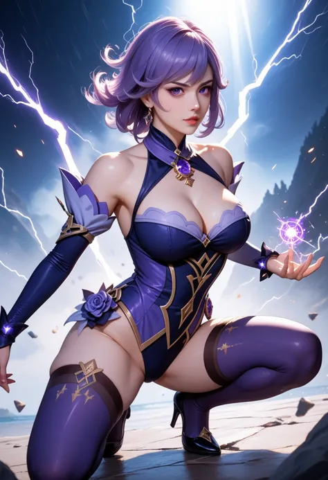 full body photo, stance, busty Lisa from Genshin Impact with revealing electro-themed outfit, sexy expression, casting powerful lightning spell against Abyss Order forces, purple magical effects, dramatic angle, high detail anime rendering, sensual pose, f...