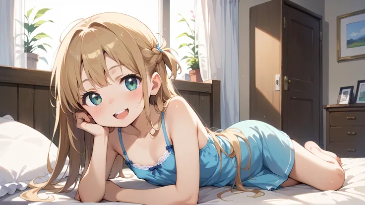 ((TOP QUALITY)), ((masterpiece)), (be familiar with),  perfect face, indoors, bedroom, watching viewers,
One woman,  Yuchi Aomigana,
 open mouth, ecstatic expression, blush, smile,
 small tits,  flat chest, Young girl,  lori,  ,  girl,
 long hair, long hai...