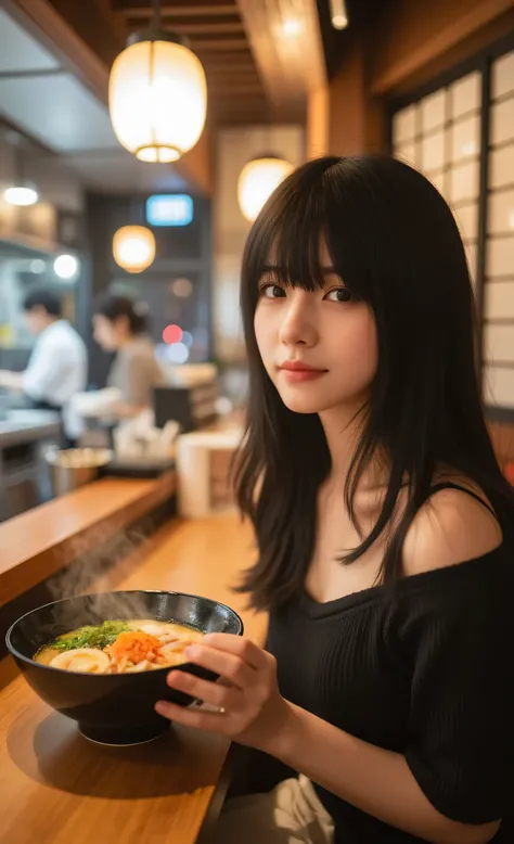 photorealistic, 8K ultra HD, professional camera, shallow depth of field, beautiful Japanese woman with perfect complexion, long silky black hair, natural makeup, cute smile, slender figure in stylish casual outfit, sitting at traditional ramen shop counte...