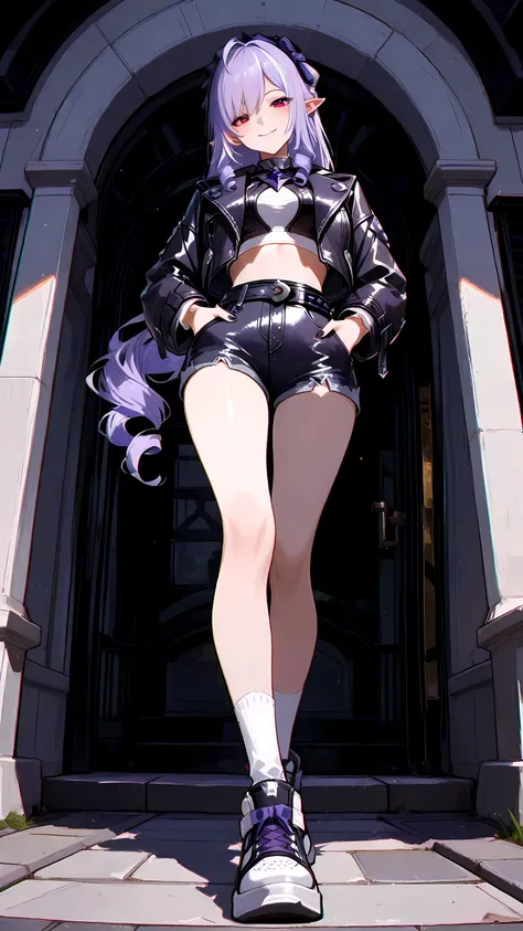 (masterpiece, detailed:1.2),748cmstyle,vivian (zenless zone zero), red eyes, mole, mole under eye, purple hair, very long hair, drill hair, ponytail, ahoge, pointy ears, two-tone hairband, black hairband, purple hairband, purple hair bow, black nails, fing...