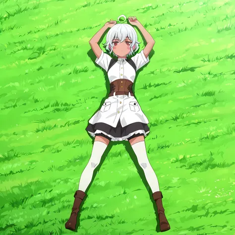 eris-mlf, red eyes, blush stickers, short hair, ahoge, dark-skinned female, white hair, aqua-kuzunoha-outfit, skirt, zettai ryouiki, shorts under skirt, anime screencap, high quality, solo, lying, on back, arms up, legs apart, closed mouth, grass, full bod...