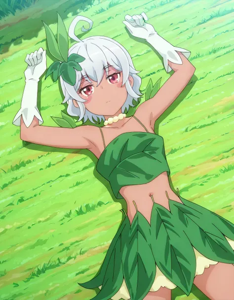 eris-mlf, red eyes, blush stickers, short hair, ahoge, dark-skinned female, white hair, eris-leaf-outfit, leaf, white gloves, bare shoulders, navel, collarbone, anime screencap, high quality, solo, lying, on back, arms up, legs apart, closed mouth, grass, ...