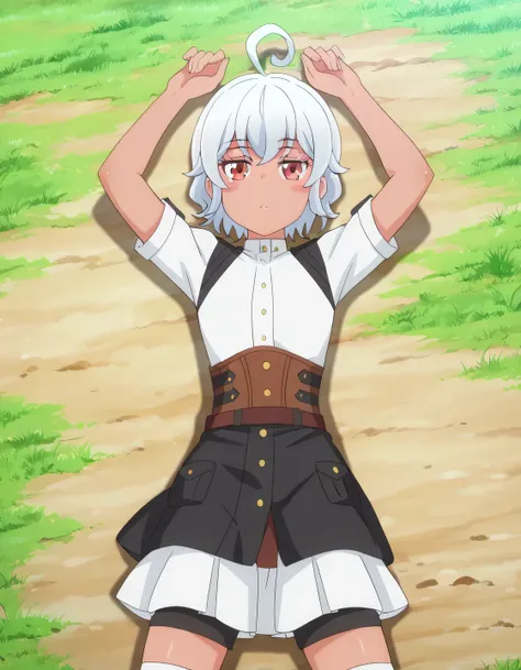 eris-mlf, red eyes, blush stickers, short hair, ahoge, dark-skinned female, white hair, aqua-kuzunoha-outfit, skirt, zettai ryouiki, shorts under skirt, anime screencap, high quality, solo, lying, on back, arms up, legs apart, closed mouth, grass, cowboy s...