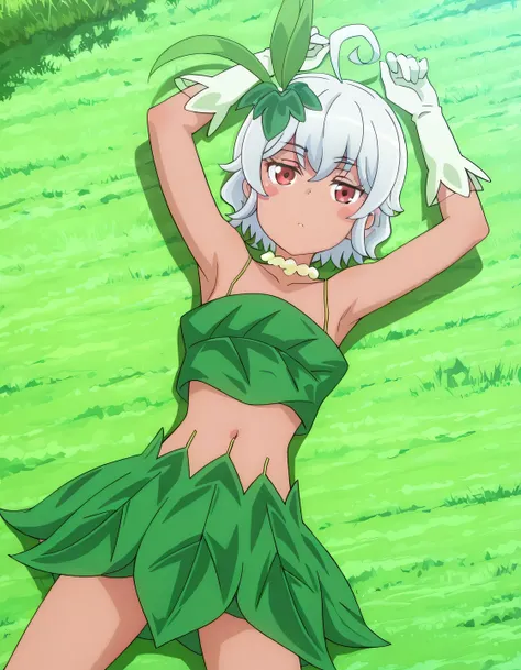 eris-mlf, red eyes, blush stickers, short hair, ahoge, dark-skinned female, white hair, eris-leaf-outfit, leaf, white gloves, bare shoulders, navel, collarbone, anime screencap, high quality, solo, lying, on back, arms up, legs apart, closed mouth, grass, ...