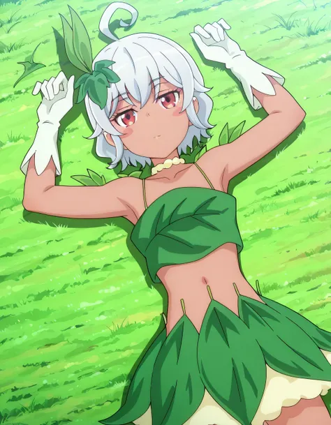 eris-mlf, red eyes, blush stickers, short hair, ahoge, dark-skinned female, white hair, eris-leaf-outfit, leaf, white gloves, bare shoulders, navel, collarbone, anime screencap, high quality, solo, lying, on back, arms up, legs apart, closed mouth, grass, ...