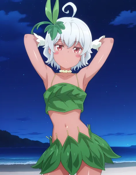 eris-mlf, red eyes, blush stickers, short hair, ahoge, dark-skinned female, white hair, eris-leaf-outfit, leaf, white gloves, bare shoulders, navel, collarbone, anime screencap, high quality, solo, shiny skin, night sky, beach, arms behind head, (contrappo...