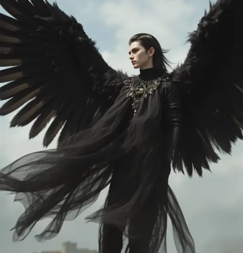 Black Giant Winged Angels are men、Very Big Eyes、Thin, clean, high nose、beautiful smooth skin jaws、very huge black feathers and black hair、fantasy male costume、large necklace、real fantasy、Ultra fine and precise live action、The black angel in the live action...