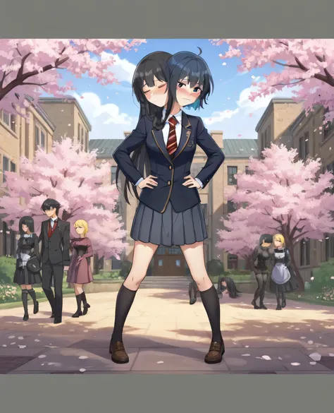 Two headed anime girl, two heads sharing one body, different personalities, french maid outfit, corset, adult, short hair, long hair, conjoined, heads inwards, shy, eyes closed, kissing, laying on bedroom, different hair color, black hair, blonde hair, cor...