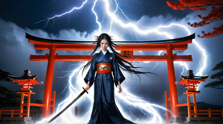 A powerful and dramatic scene in a Shinto shrine courtyard during a violent storm at night . A brave and beautiful Japanese goddess stands full body in front of the shrine gate . holding a glowing sacred sword in her hand . Her long hair and kimono flutter...