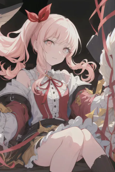 ((masterpiece)), (((Best Quality))), ((hyperdetailed)), Beautiful detailed eyes, illustration, (side ponytail+ sideways up + Red Ribbon ), Light pink hair, light pink eyes