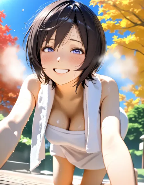 1girl, yuffie kisaragi, umamusume, cowboy shot, from front, autumn, park, blue sky, on all fours, towel, bouncing breasts, smile, embarrassed, sweat, steam, 16k, Ultra detailed, (realistic, photorealistic : 0.8), masterpiece, high score, great score, absur...