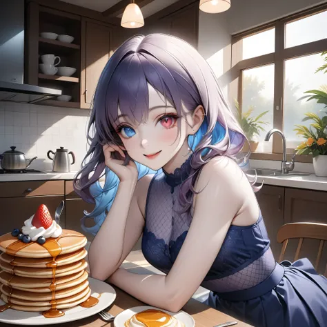 (H((Highest quality, 8K, highest resolution, masterpiece, ultra-realistic)), ((Bra visible through clothes)), ((Heterochromia, red eyes, blue eyes)), ((Sparkling and detailed eyes)), ((Crystal-like eyes)), (Long wavy platinum and purple hair), Hime cut, ((...