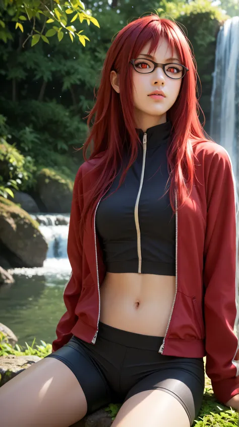 1girl, solo, Karin Uzumaki, glasses, red eyes, red hair,long hair,outdoors,potrait,forest,unzipped jacket,navel,bike shorts,sitting under waterfall,black sports bra,close up