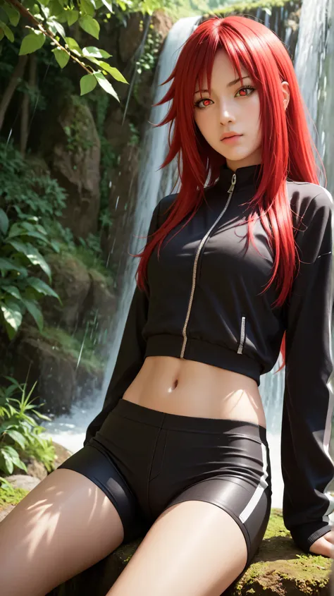 1girl, solo, Karin Uzumaki,red eyes, red hair,long hair,outdoors,potrait,forest,unzipped jacket,navel,bike shorts,sitting under waterfall,black sports bra,close up