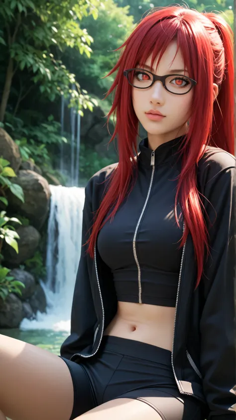 1girl, solo, Karin Uzumaki, glasses, red eyes, red hair,long hair,outdoors,potrait,forest,unzipped jacket,navel,bike shorts,sitting under waterfall,black sports bra,close up,stand still