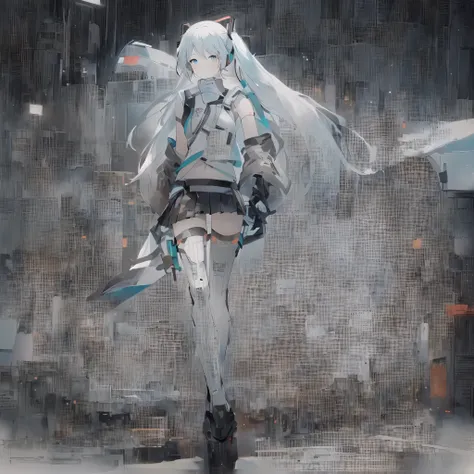 Let's start with a base illustration of a young female character.
Adjust the hair color to Hatsune Miku's iconic turquoise blue.
Style the hair to be very long, reaching below the waist, in twin tails. Ensure the twin tails are evenly balanced and neatly w...