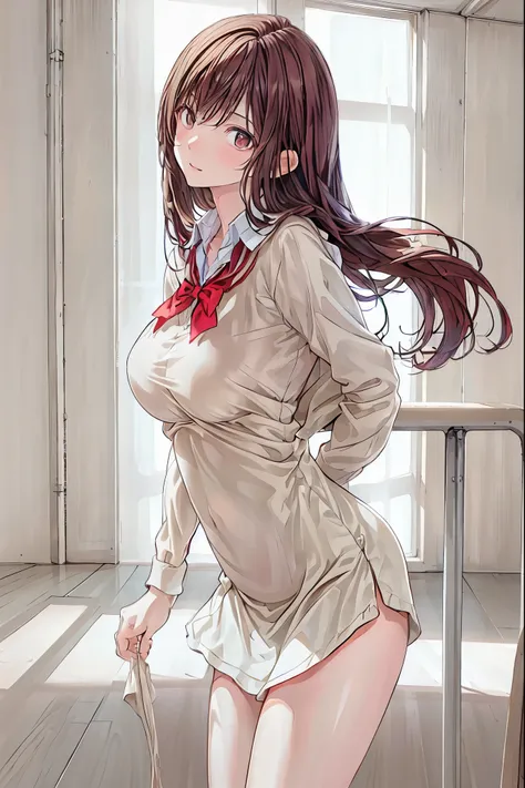  in a high school classroom，Female Teacher with Strict Abstinence,Beautiful Legs Glancing at Students,selfish body,Cold look,Testing Students' Abstinence,Mysterious Atmosphere,4K High Resolution,Realistic,portrait,Dark color , bright red ,Eyes That Seem to...
