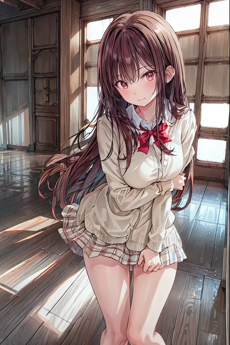  in a high school classroom，Female Teacher with Strict Abstinence,Beautiful Legs Glancing at Students,selfish body,Cold look,Testing Students' Abstinence,Mysterious Atmosphere,4K High Resolution,Realistic,portrait,Dark color , bright red ,Eyes That Seem to...