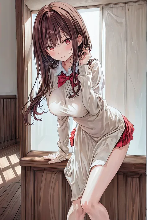  in a high school classroom，Female Teacher with Strict Abstinence,Beautiful Legs Glancing at Students,selfish body,Cold look,Testing Students' Abstinence,Mysterious Atmosphere,4K High Resolution,Realistic,portrait,Dark color , bright red ,Eyes That Seem to...