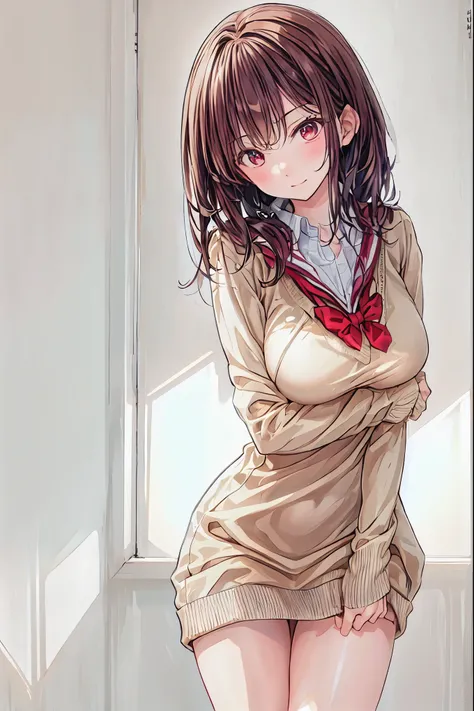  in a high school classroom，Female Teacher with Strict Abstinence,Beautiful Legs Glancing at Students,selfish body,Cold look,Testing Students' Abstinence,Mysterious Atmosphere,4K High Resolution,Realistic,portrait,Dark color , bright red ,Eyes That Seem to...