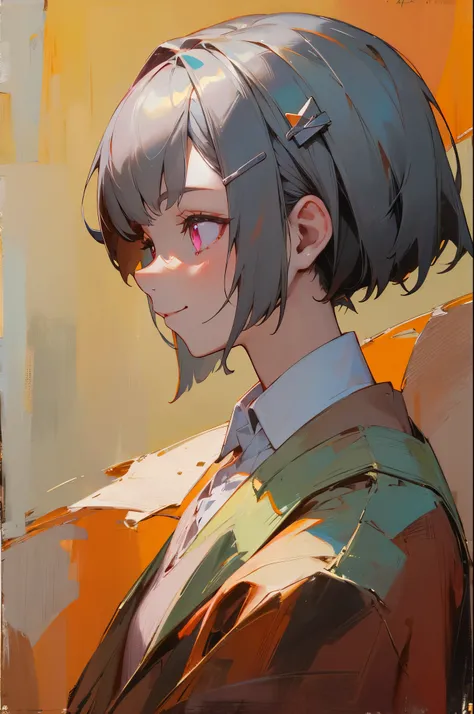 １人のGirl、solo、Girl、Smiling、profile、Upper body close-up、impression、(Oil painting)、Green and orange tones、silver short bob hair put together with hair clips、pink eyes