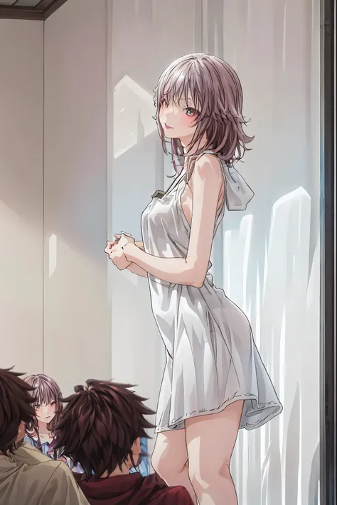  in a high school classroom，Female Teacher with Strict Abstinence,Female Teacher Standing in Front of a Pulpit，the student's back is an adult，Beautiful Legs Glancing at Students,black stockings，selfish body,Cold look,Testing Students' Abstinence,brown hair...