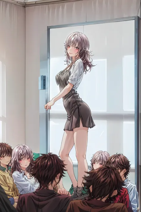  in a high school classroom，Female Teacher with Strict Abstinence,Female Teacher Standing in Front of a Pulpit，the student's back is an adult，Beautiful Legs Glancing at Students,black stockings，selfish body,Cold look,Testing Students' Abstinence,brown hair...