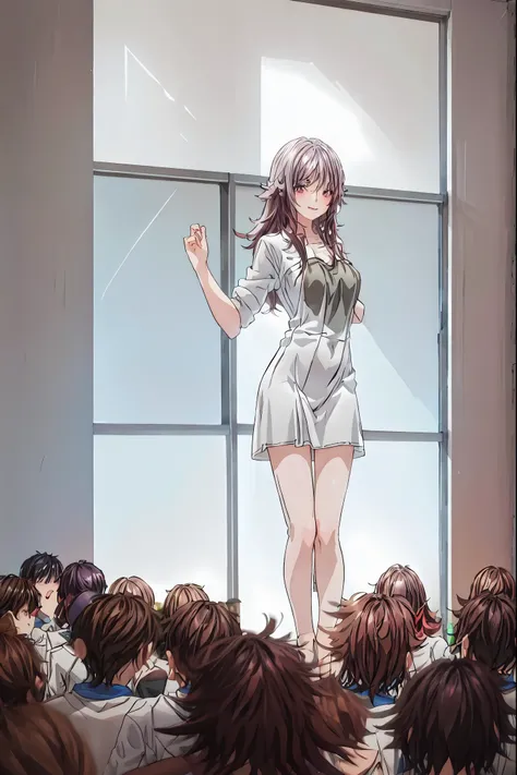  in a high school classroom，Female Teacher with Strict Abstinence,Female Teacher Standing in Front of a Pulpit，the student's back is an adult，Beautiful Legs Glancing at Students,black stockings，selfish body,Cold look,Testing Students' Abstinence,brown hair...